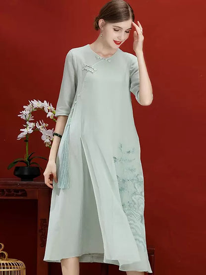 Women’s Summer Retro Cheongsam Dress Embroidered Round Neck