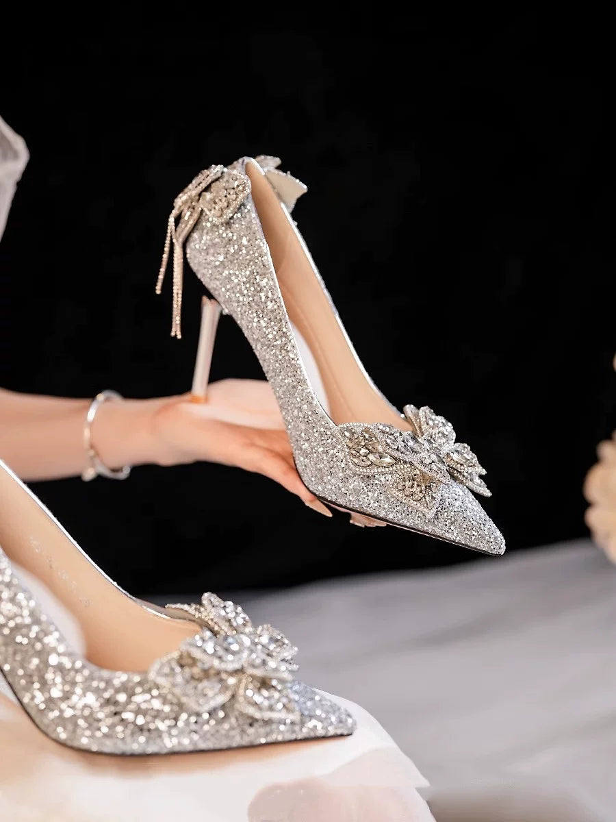 French Style Silver Bridal Wedding Shoes With Crystal Bow 6cm/8cm