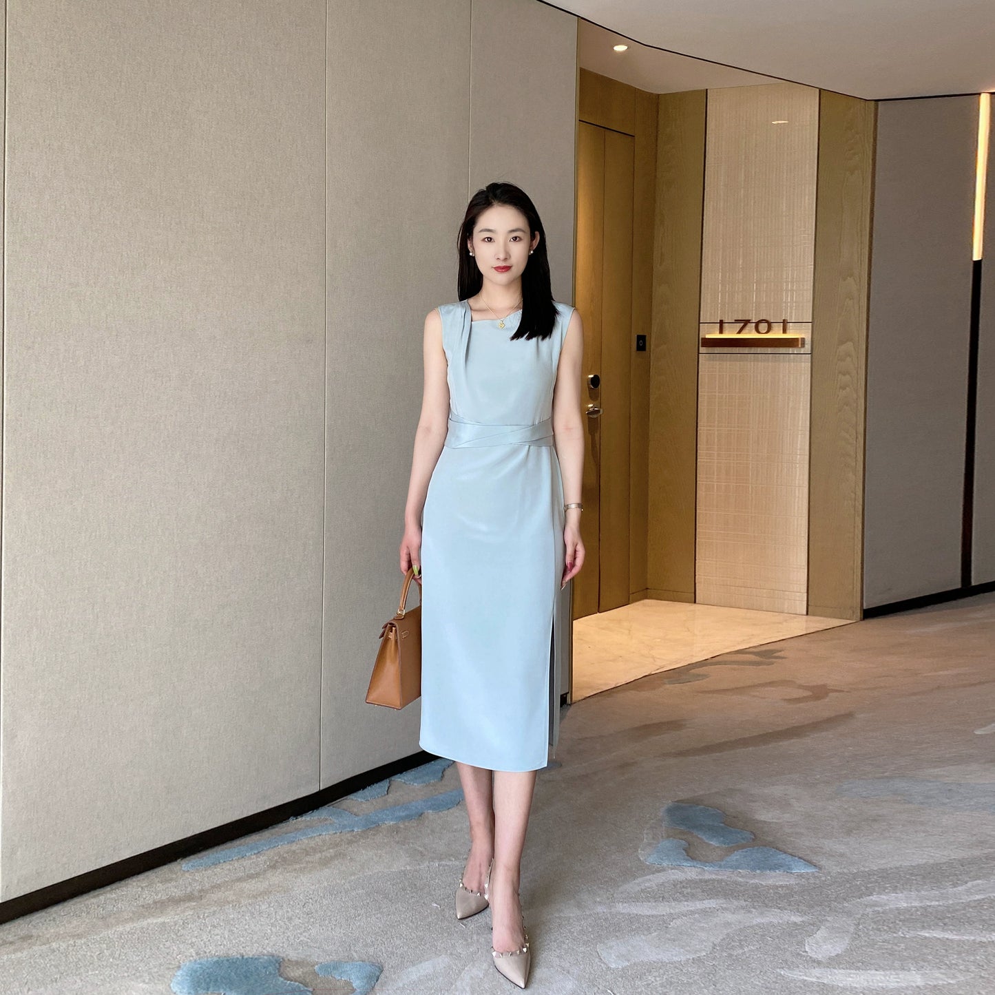 Summer Blue Elegant Sleeveless Dress High-Waist Mid-Length Skirt