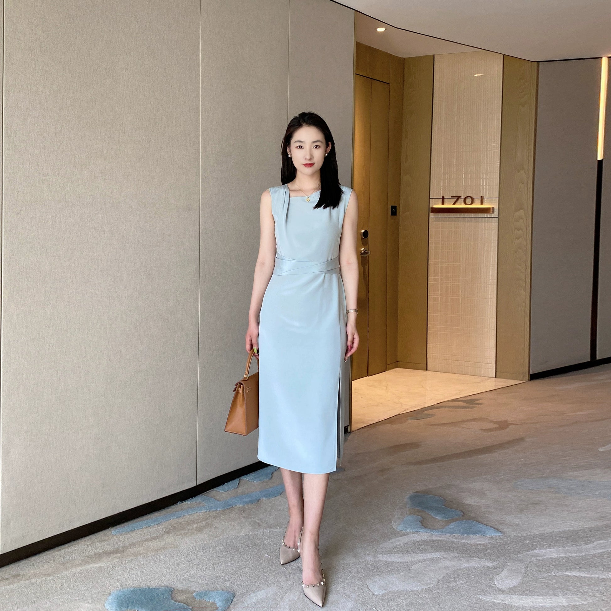 Summer Blue Elegant Sleeveless Dress High-Waist Mid-Length Skirt