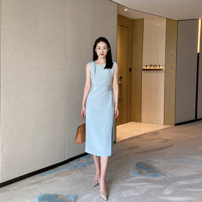 Summer Blue Elegant Sleeveless Dress High-Waist Mid-Length Skirt