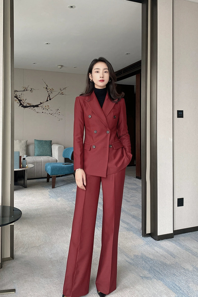 Demi-season Burgundy Women’s Suit Set – Slim Fit Jacket & Trousers