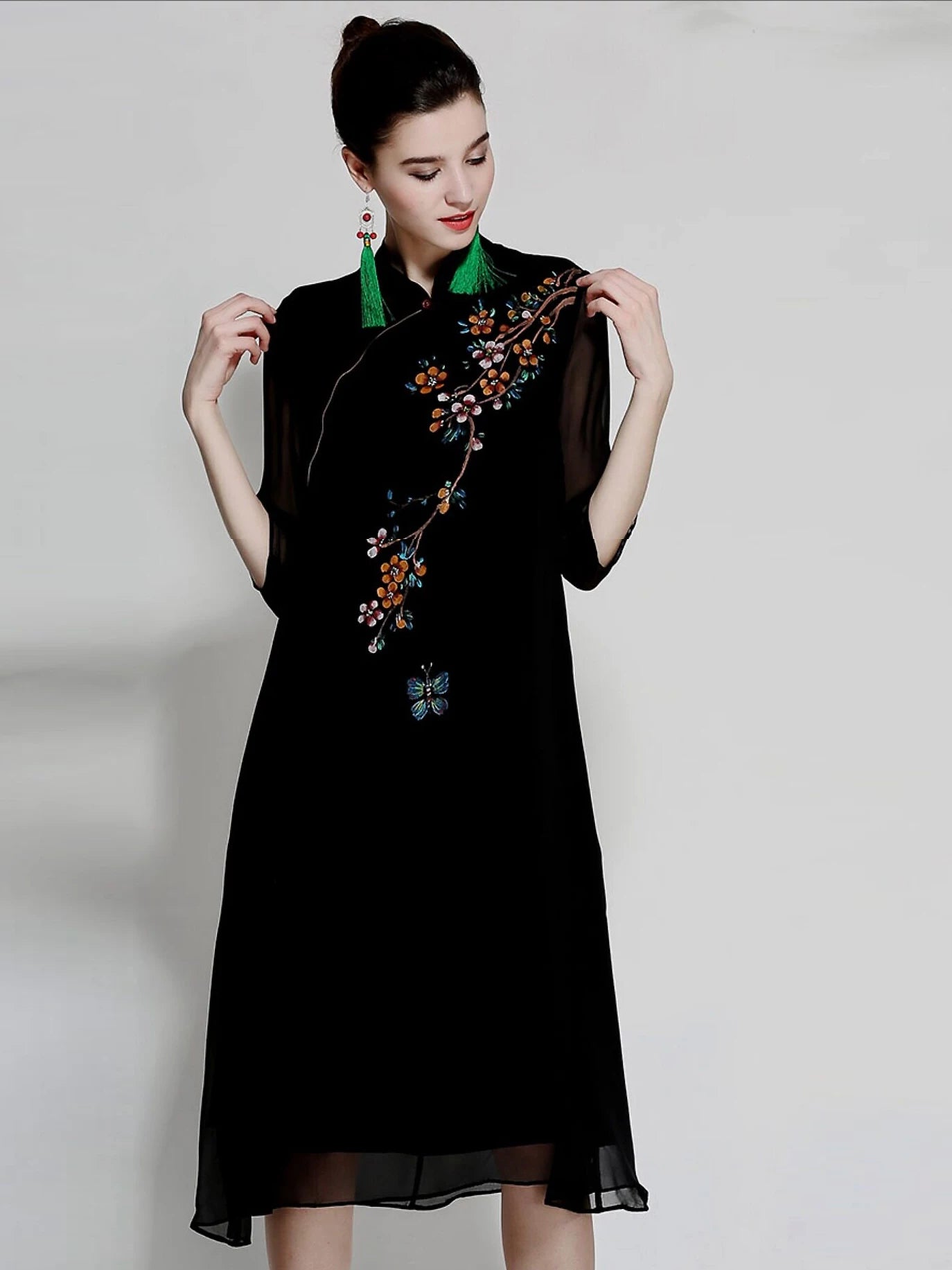 Women Summer Silk Qipao Dress Slim Fit Retro Print