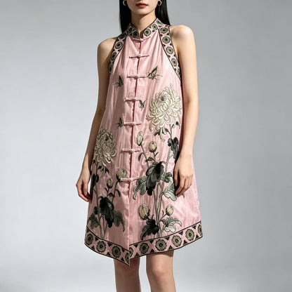 Vintage Chinese Style Tencel Embroidered Mid-Length Plus Size Sleeveless Vest