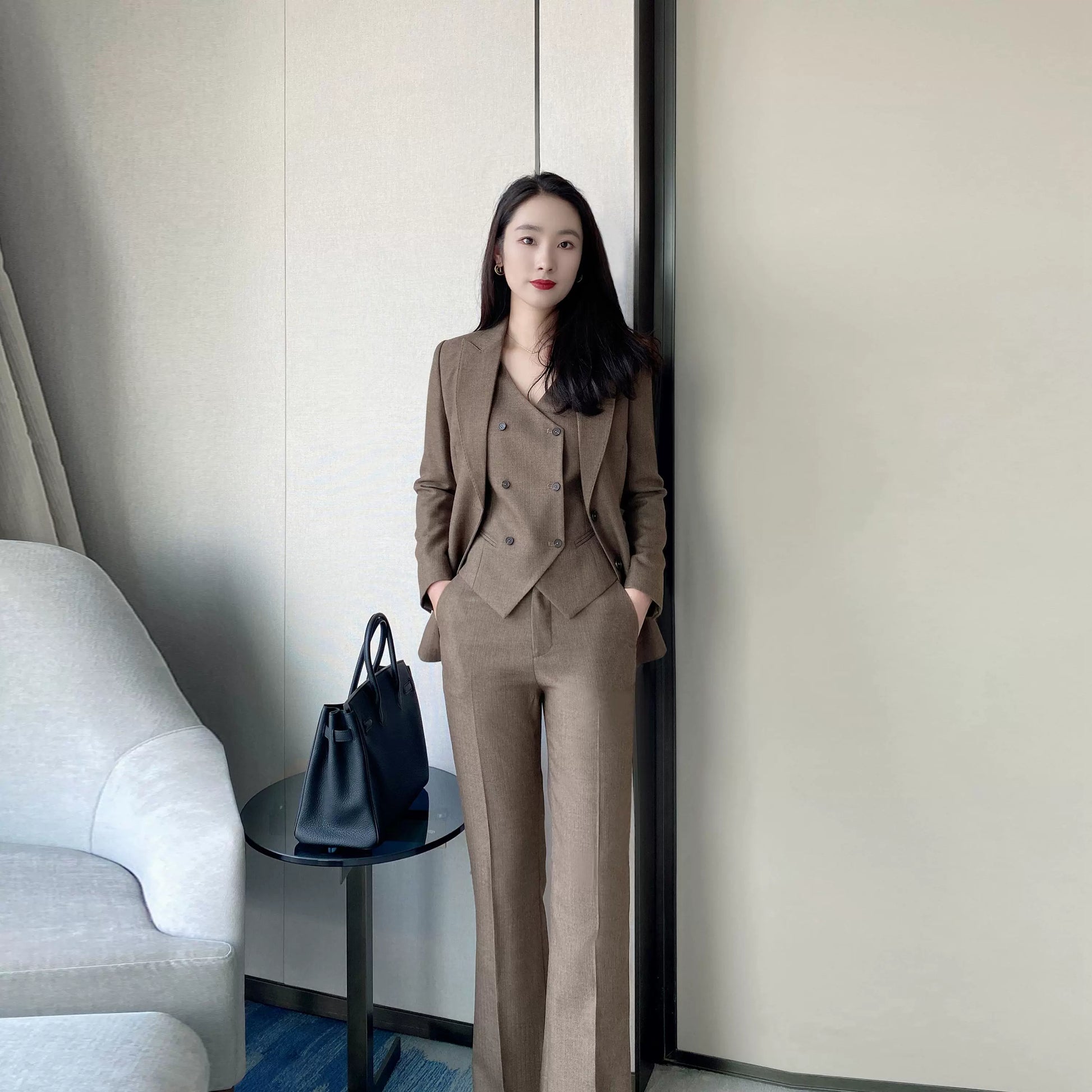 Coffee-Colored Elegant Women's Winter Suit Set – Jacket Vest Flared Trousers