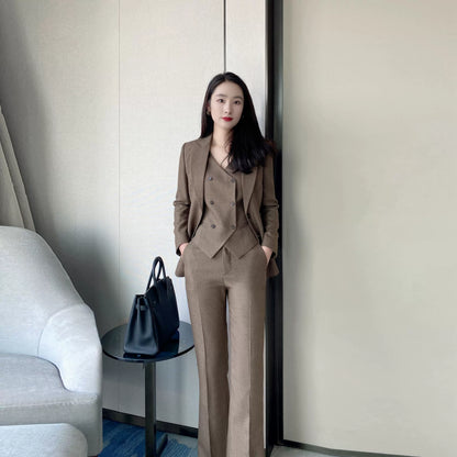 Coffee-Colored Elegant Women's Winter Suit Set – Jacket Vest Flared Trousers