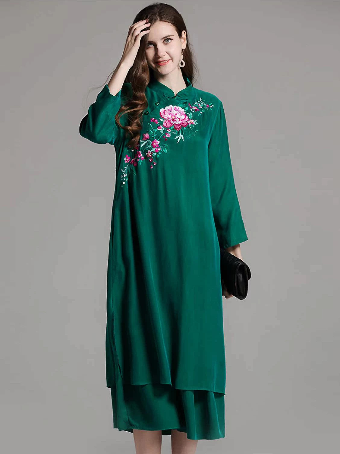 Women's Qipao Dress Silk Blend Dark Green L