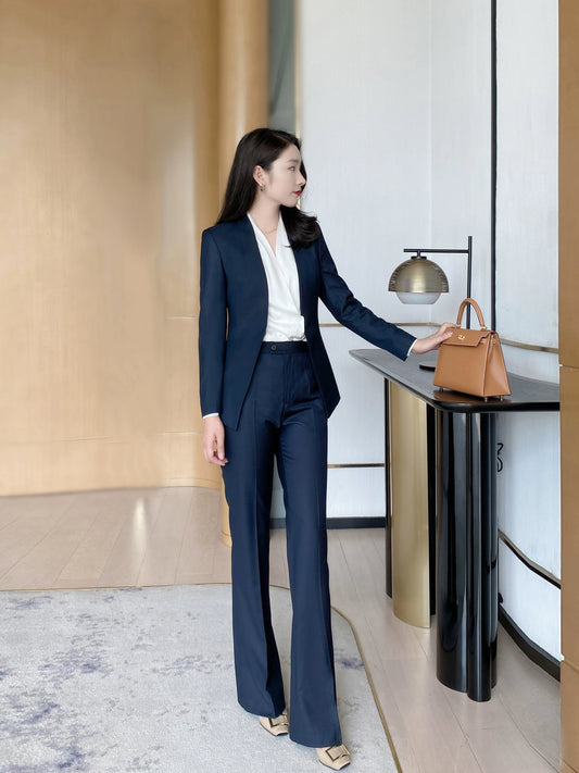 Women's Black Autumn Wool Suit Set with Flared Trousers