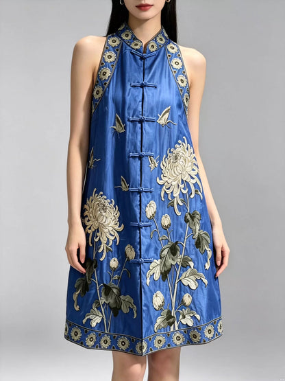Vintage Chinese Style Tencel Embroidered Mid-Length Plus Size Sleeveless Vest