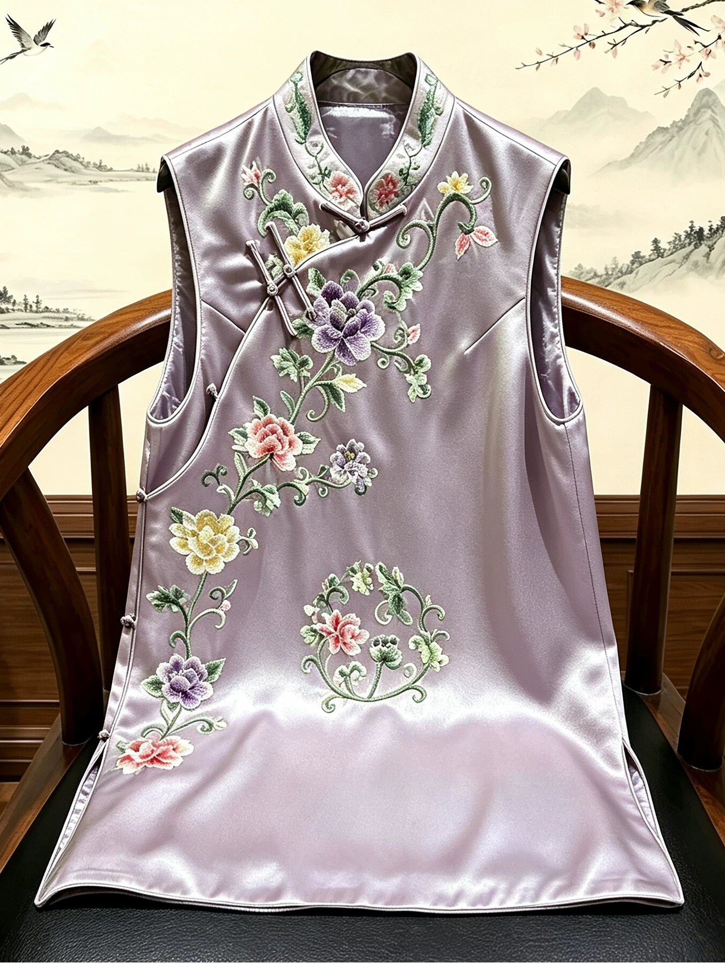 Summer Women’s Acetate Satin Embroidered Vest Slim Fit Stand‑Collar