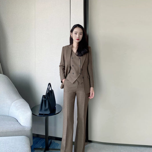Coffee-Colored Elegant Women's Winter Suit Set – Jacket Vest Flared Trousers