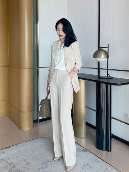 Summer White Leisure Suit Set with Loose Straight Pants and Seven‑Sleeve Top