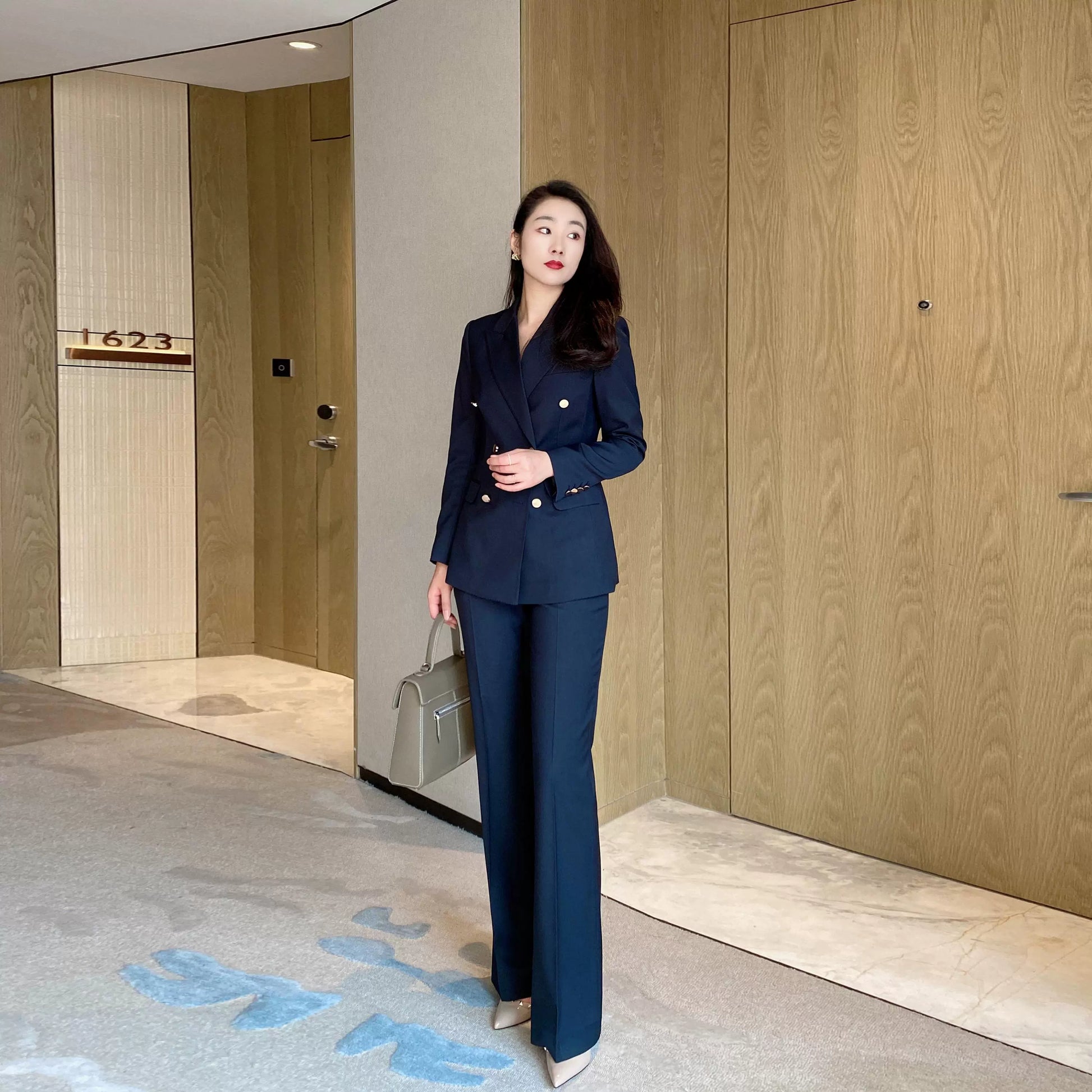 Elegant Navy Blue Slim-Fit Suit with Flared Trousers