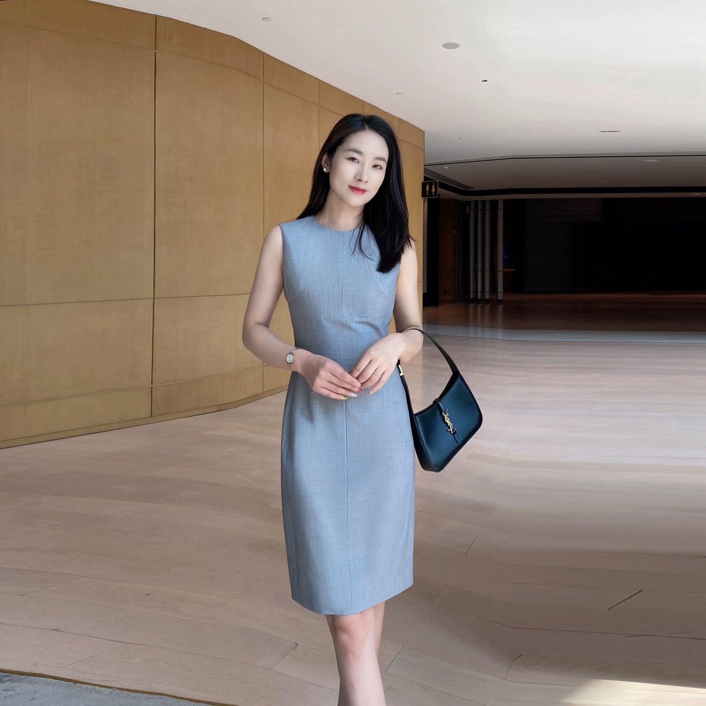 Summer Light Sleeveless Tea Gray Midi Dress for Office