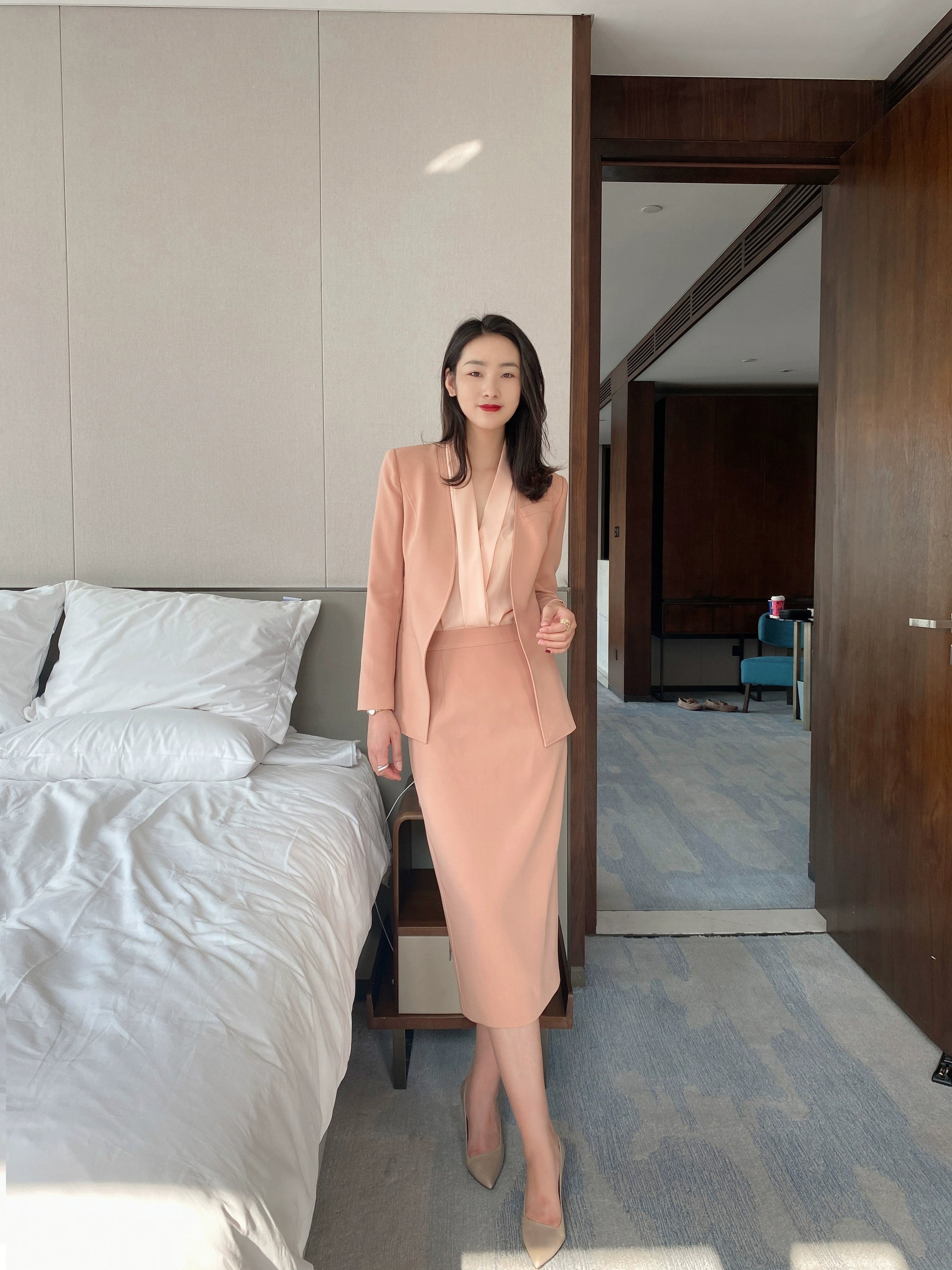 Elegant Spring Autumn Fuchsia Slim-Fit Jacket & Hip-Accented Skirt Set