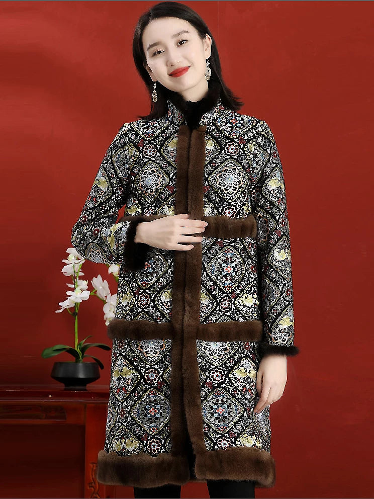 Women's Mid-Length Wool Coat With Vintage Embroidered Chinese Style
