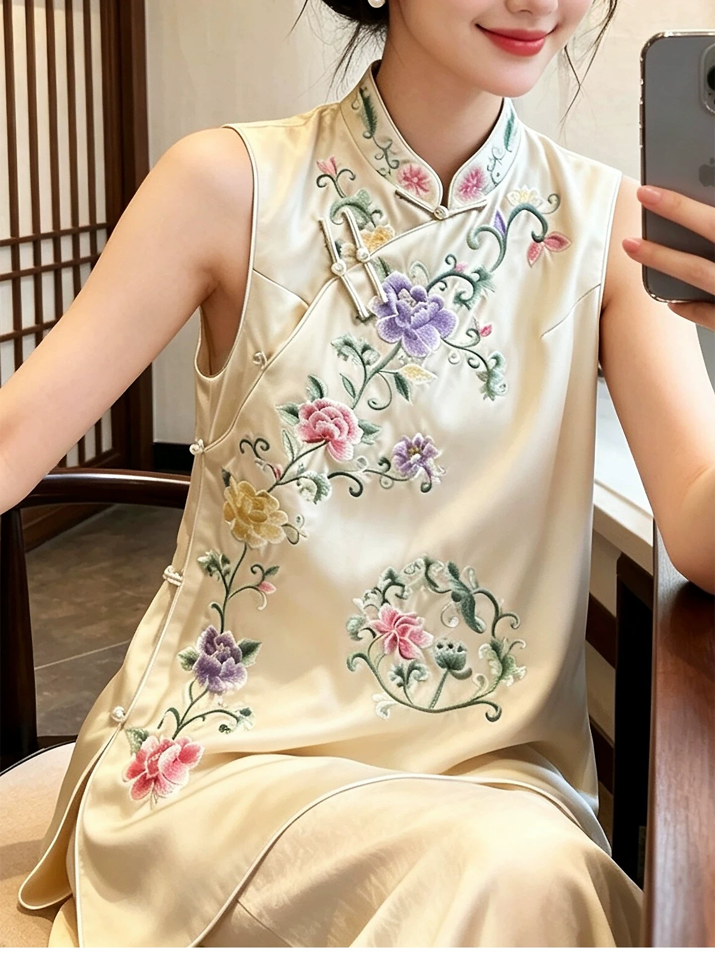 Summer Women’s Acetate Satin Embroidered Vest Slim Fit Stand‑Collar