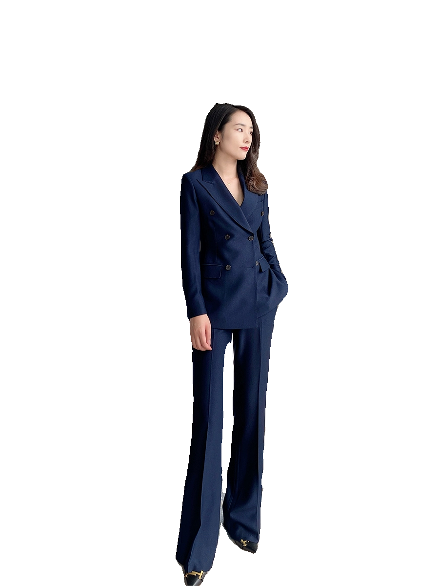 High-End Dark Navy Flared Trousers Slim Fit Business Suit