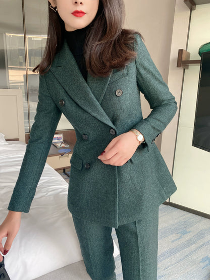 Premium Dark Green Woolen Suit Jacket & Trousers for Women