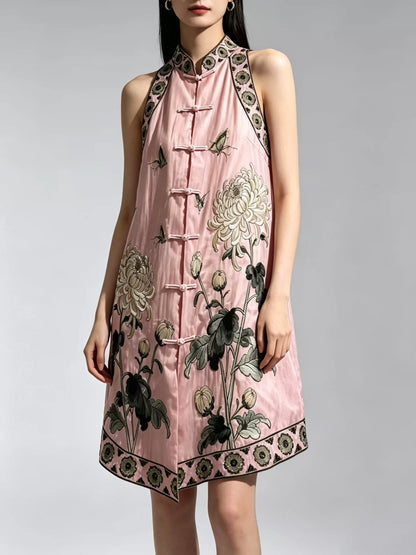 Vintage Chinese Style Tencel Embroidered Mid-Length Plus Size Sleeveless Vest
