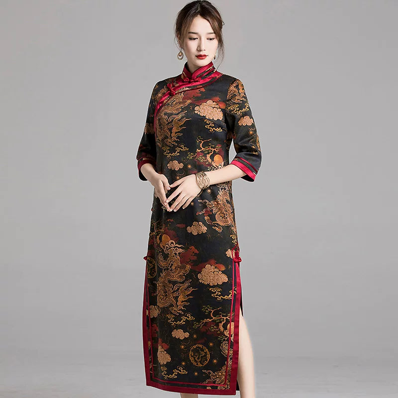 Chinese Style Qipao Dress With Dragon Print, Heavy Silk Chiffon