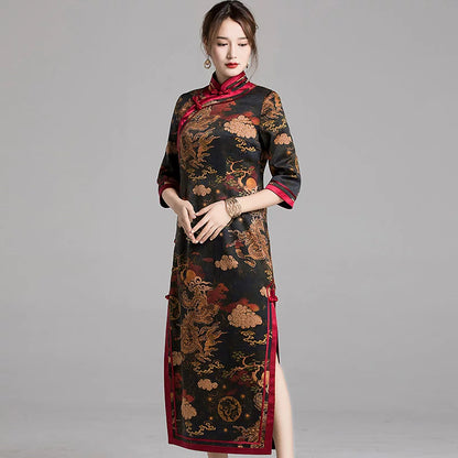 Chinese Style Qipao Dress With Dragon Print, Heavy Silk Chiffon