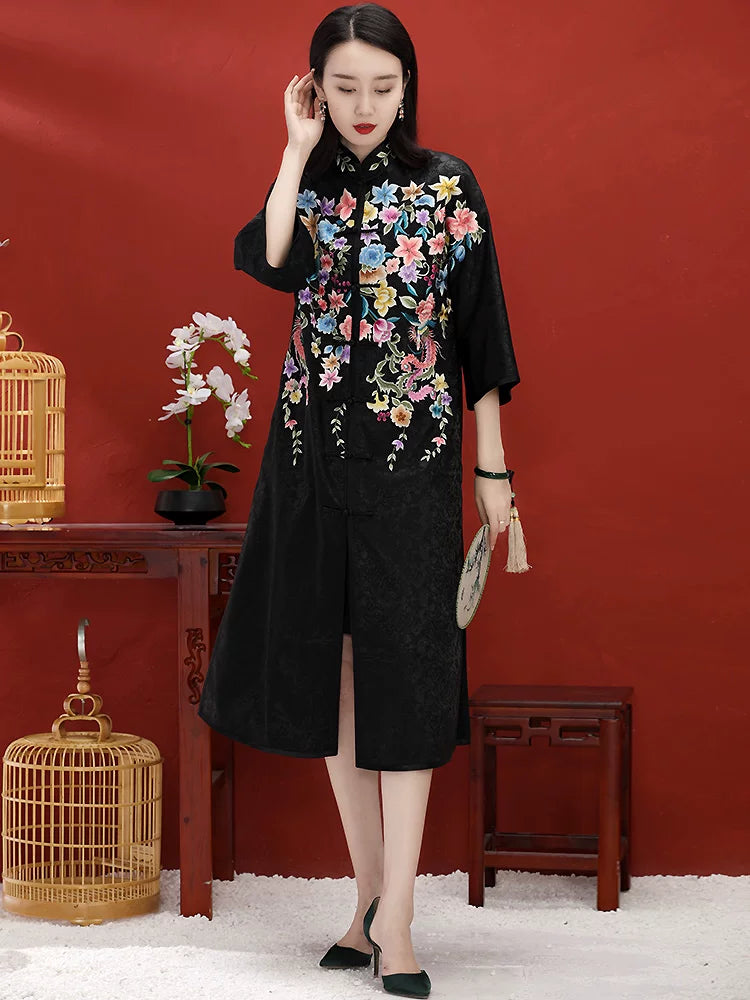 Custom Chinese Style Women's Mid-Length Coat with Hand‑Embroidered Button