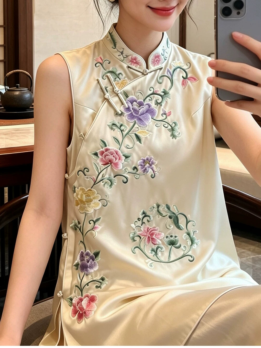 Summer Women’s Acetate Satin Embroidered Vest Slim Fit Stand‑Collar