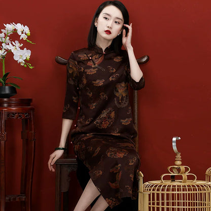 Vintage Chinese Cheongsam Silk Dress with Floral Print High Slit