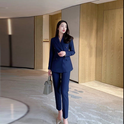 Navy Blue Autumn Fitted Classic Suit with Double-Breasted Jacket