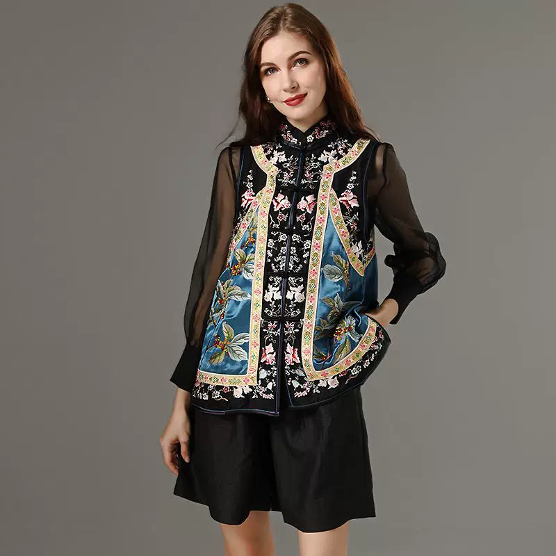 Women's Spring Collared Vest Heavy Embroidery Acetate Satin