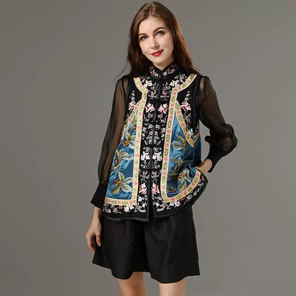 Women's Spring Collared Vest Heavy Embroidery Acetate Satin
