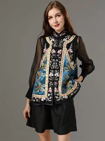 Women's Spring Collared Vest Heavy Embroidery Acetate Satin