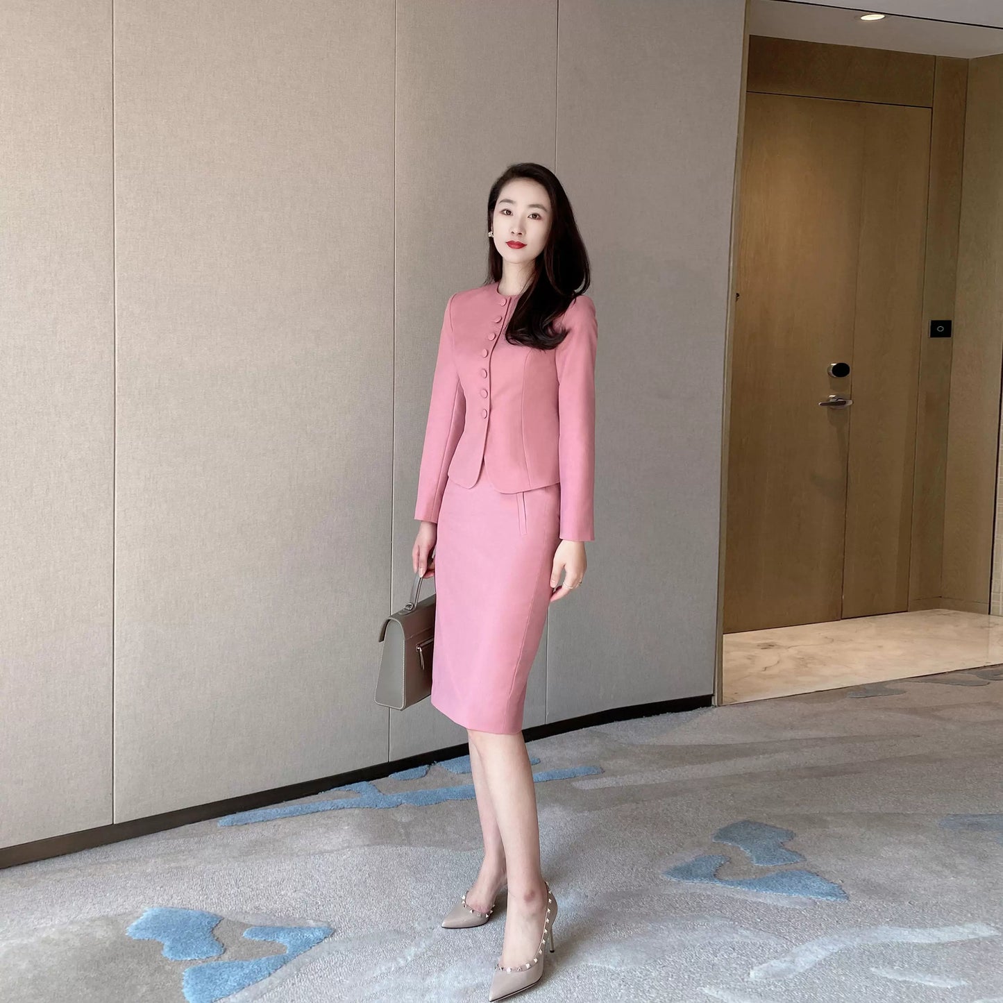Elegant Rose Pink Suit Skirt Set: Chic Blazer & Slimming Hip Skirt