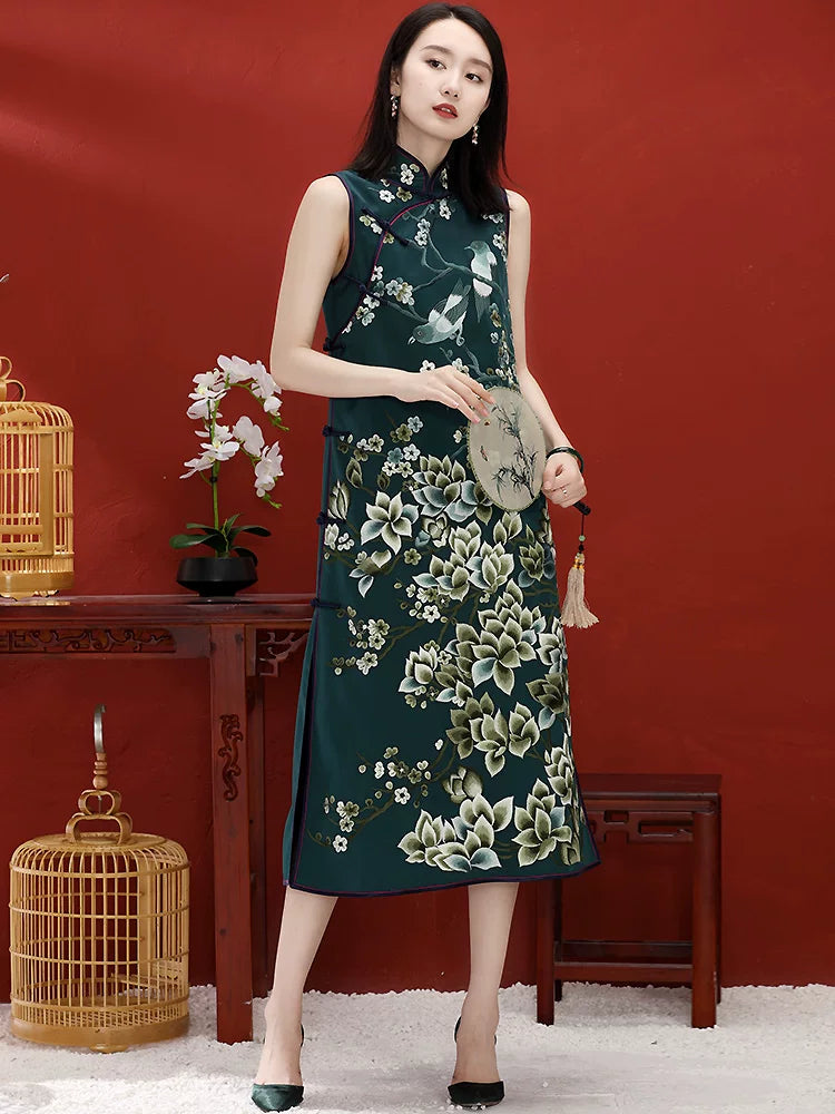 Modern Chinese Long Dress with Jade Orchid Embroidered Mandarin Collar