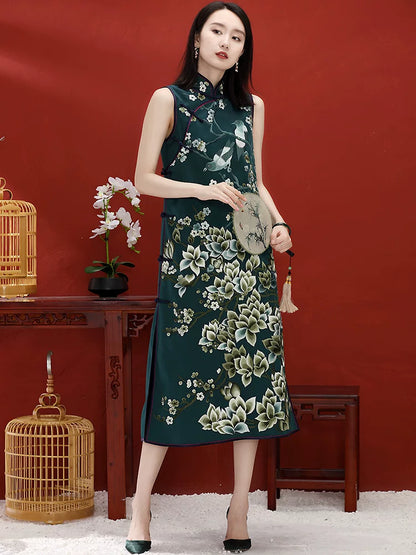 Modern Chinese Long Dress with Jade Orchid Embroidered Mandarin Collar