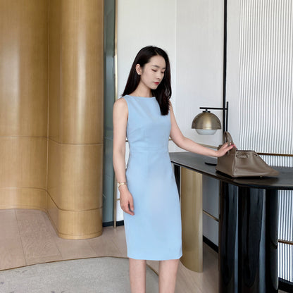 Summer Blue Fitted Sleeveless Dress Elegant Mid‑Length One‑Step Skirt
