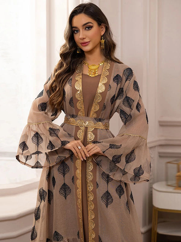 Elegant Khaki Arabic Embroidered Fashionable Two?Piece Dress Set