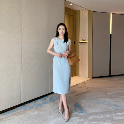 Summer Blue Elegant Sleeveless Dress High-Waist Mid-Length Skirt