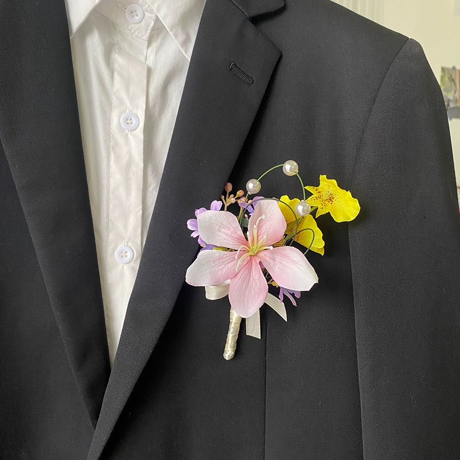 Vibrant Dopamine Color Groom's Corsage Artificial Flower Brooch