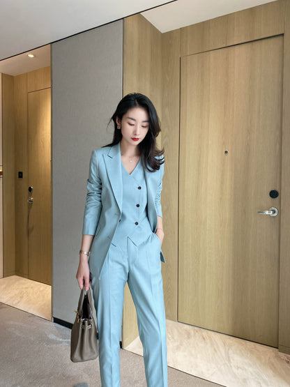 Autumn Slim Fit 3‑Piece Women’s Suit Set in Celadon Blue