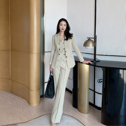 Elegant Khaki Women's Three-Piece Suit with Jacket Vest Flared Trousers
