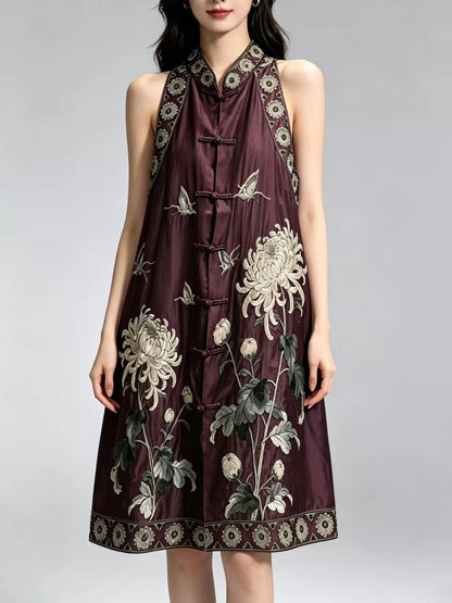 Vintage Chinese Style Tencel Embroidered Mid-Length Plus Size Sleeveless Vest