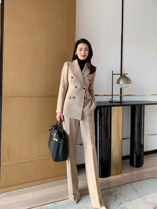 Beige Demi-Season Woolen Women's Suit with Tailored Fit
