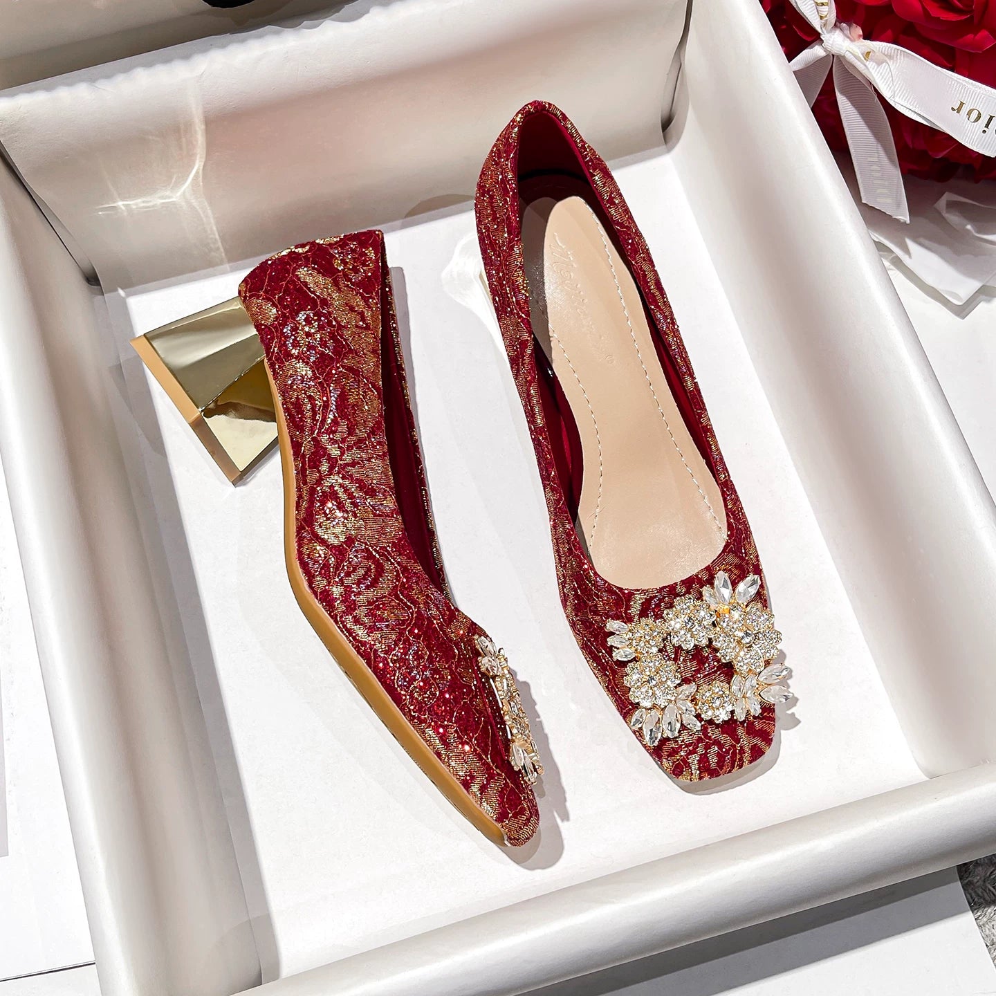 Square Toe Bridal Shoes 2025 Two‑Way Crystal Stiletto Red Heel