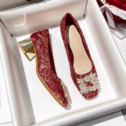 Square Toe Bridal Shoes 2025 Two‑Way Crystal Stiletto Red Heel