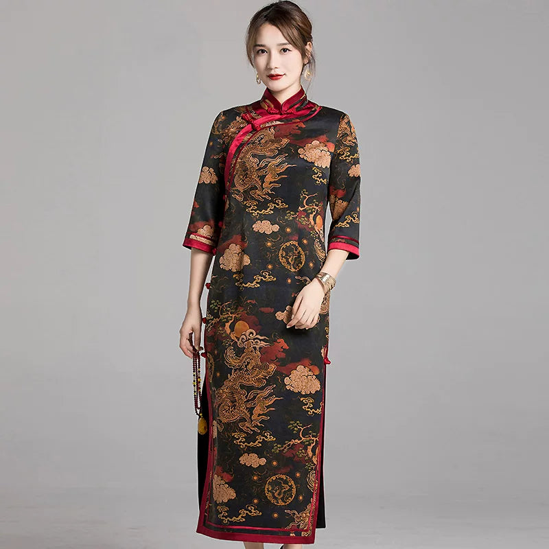 Chinese Style Qipao Dress With Dragon Print, Heavy Silk Chiffon