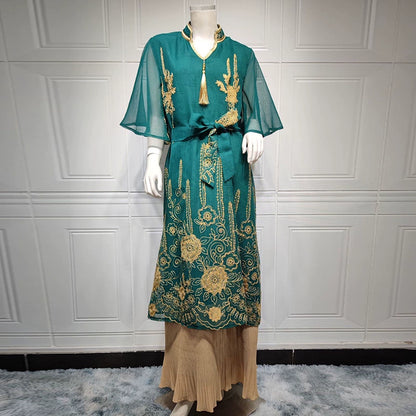 Elegant Pakistani Mesh Embroidered Chiffon Dress with Tassel Details