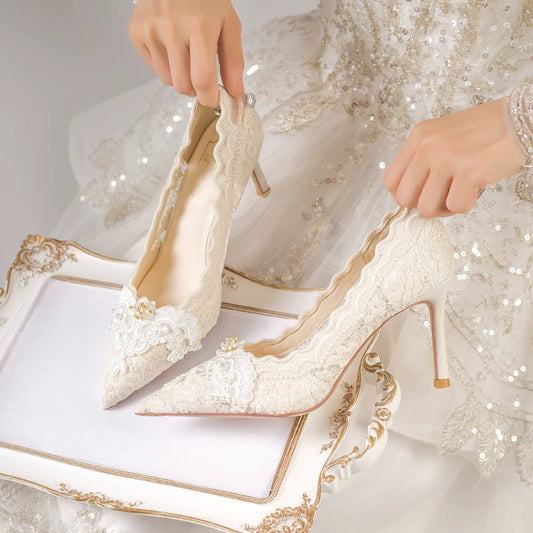 Elegant French Lace Bridal High Heel Shoes White 6cm