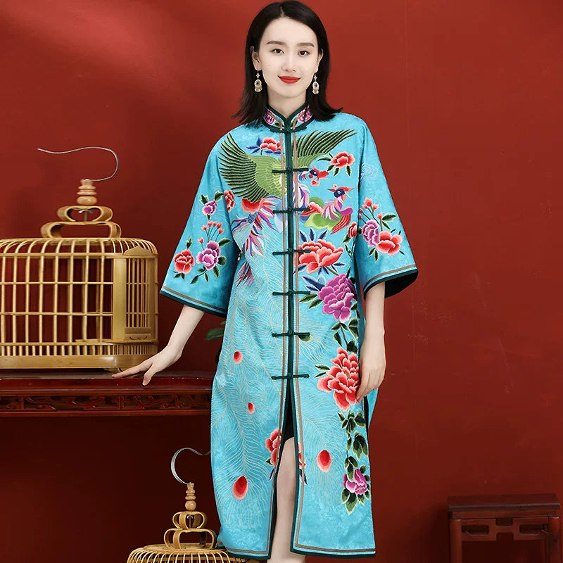Custom Chinese‑Style Qipao Dress Hand‑Embroidered Blue Long Plus‑Size